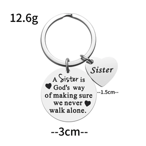 Sister friendship keychain in stainless steel with round and heart engraved pendants