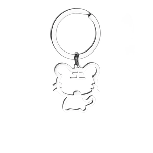 Detailed view of polished silver hollow tiger keychain with intricate metal cutouts