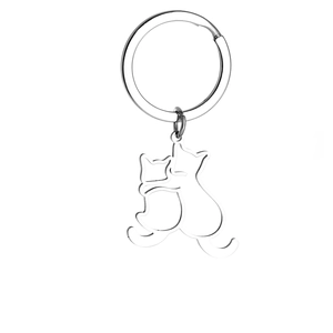 Polished silver hollow cat keychain showing detailed hugging kitten pendant design
