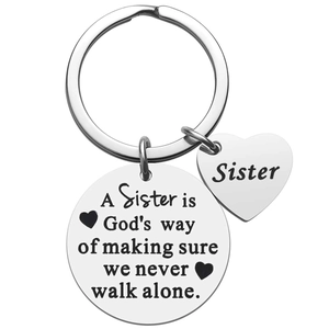 Sister stainless steel keychain with engraved friendship quote and heart charm pendant