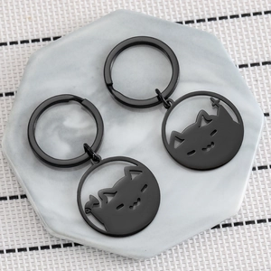 Stainless Steel Cute Cartoon Cat Keychain Black Matte Hollow Out Cross Fish Silhouette Bag Charm Healing Jewelry Key Ring