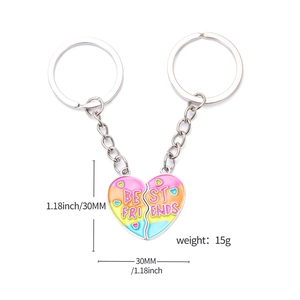 Colorful Best Friends heart shaped alloy keychain in silver finish with size markings