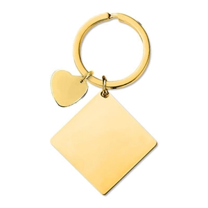 Polished gold square and heart pendant keychain with a circular ring on a white background