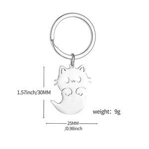 Detailed view of cat ghost stainless steel keychain showing 30mm size and 9g weight specs