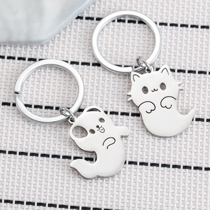 Cartoon Ghost Cat And Puppy Stainless Steel Keychain Cute Halloween Gift Hollowed Metal Pendant Keyring For Couples Friends