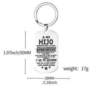 Polished stainless steel dog tag keychain with Spanish inspirational text for children