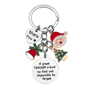 Christmas Teacher gift keychain with silver bells, tree and engraved thank you charms