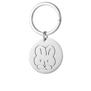 Polished stainless steel keychain with minimalist cute rabbit engraving on round pendant