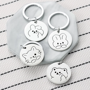 Cute Cartoon Animal Stainless Steel Keychain Mirror Polished Bear Bunny Cat Round Pendant Bag Backpack Charm Women Kids Gift