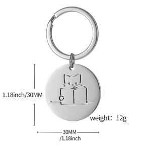 Cute stainless steel cat keychain round charm engraved with cartoon reading cat pattern