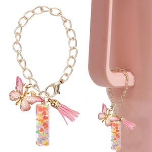 Pink butterfly tassel charm with gold chain heart pendant and glitter letter for cup accessory