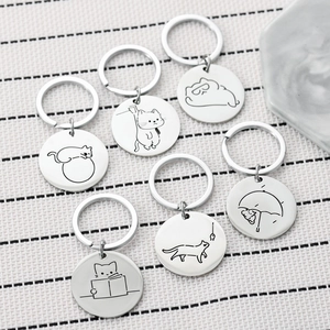 Stainless Steel Cute Cartoon Cat Keychain Round Pendant Minimalist Metal Keyring For Backpack Bag Hanging Charm Women Gift