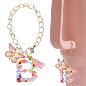 Pink resin letter B keychain with butterfly pendant and heart sequins for tumblers