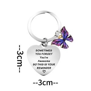 Inspirational heart-shaped stainless steel keychain with purple butterfly charm