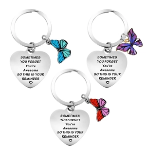 Inspirational Stainless Steel Heart Keychain Colorful Enamel Butterfly Pendant Engraved Lettering Keyring For Graduation Birthday Women Gift