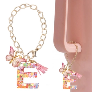 Pink resin letter E charm with butterfly and tassel for Stanley cup handle accessory