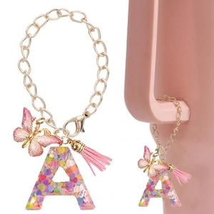 Pink Resin Alphabet Letter Keychain With Butterfly Pendant Tassel Heart Glitter For Cup Bag Accessories Women Girly Gift