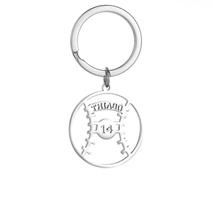Detail of custom hollow baseball keychain with Thiago name and number 14 engraving