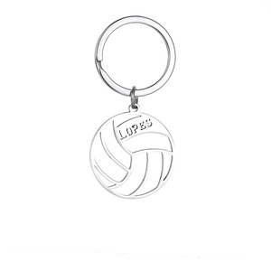 Detail shot of silver hollow volleyball keychain with LOPES engraving in stainless steel