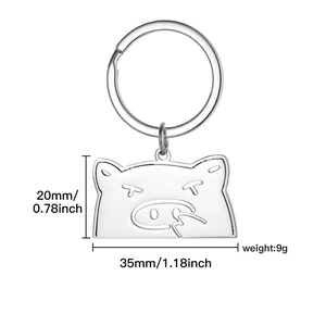 Funny cartoon pig stainless steel keychain with a brushed metal finish and round keyring