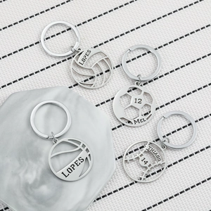Customized stainless steel sports keychains featuring soccer, basketball, and volleyball