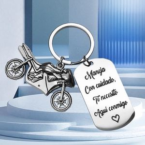 Inspirational motorcycle keychain with engraved message Maneja Con cuidado in silver steel