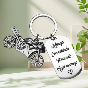 Polished stainless steel motorcycle keychain with engraved motivational tag for safety