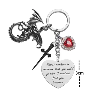 Gothic dragon and black dagger keychain with heart gemstone and 3cm engraved charm