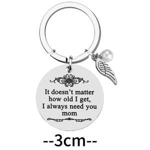 Silver stainless steel keychain for mom with feather and pearl charm, 3cm round pendant