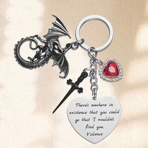 Fantasy dragon and black dagger keychain with red heart gemstone and engraved silver pendant