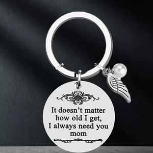 Polished stainless steel Mother's Day keychain with angel wing and white pearl pendant