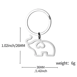 Porte-clés éléphant en acier inoxydable argenté avec détails et dimensions