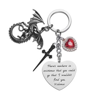 Stainless Steel Dragon Heart Dagger Keychain With Engraved Quote Gothic Rhinestone Red Gemstone Pendant Key Ring Gift