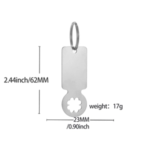 Stainless steel shopping cart token keychain with floral cutout design on white background
