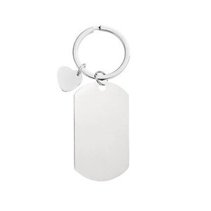 Polished stainless steel dog tag keychain with heart charm for custom engraving