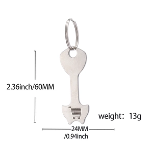 Detail view of the stainless steel trolley token keychain with dimensions 60mm by 24mm