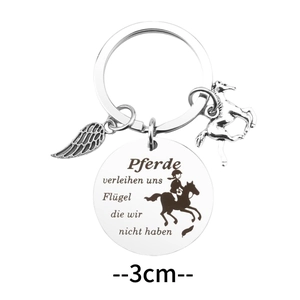 Stainless steel horse keychain with wing pendant and engraved German silhouette charm