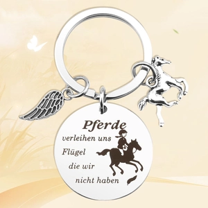 Silver stainless steel horse keychain with wings and German inspirational engraving