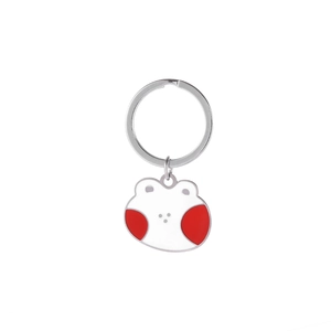 Cute white cartoon frog metal keychain charm with red cheeks on a silver keyring