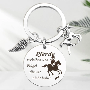 German engraved stainless steel horse keychain with wing pendant and horse charm