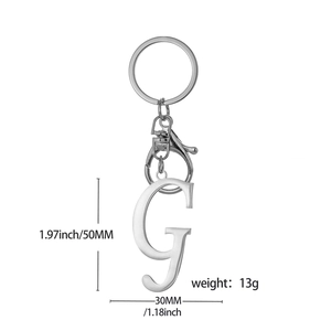 Polished silver letter G keychain with size specs and lobster clasp for bags