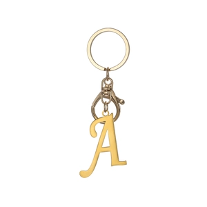 Detailed view of polished gold stainless steel letter A keychain with lobster clasp