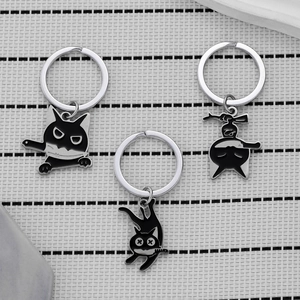 Cartoon Dagger Cat Stainless Steel Keychain Black Enamel Kitten Backpack Pendant Creative Jewelry For Women Kids Gift