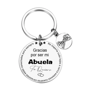 Détail du porte-clés en acier inoxydable avec gravure espagnole pour grand-mère et charme