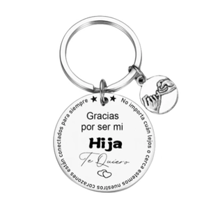Porte-clés en acier inoxydable poli avec gravure espagnole et symbole de promesse au dos