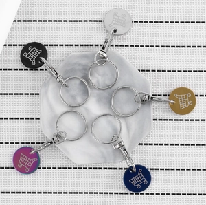 Five-piece stainless steel shopping trolley token set in multiple colors with lobster clasp