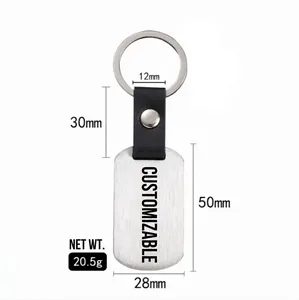 Custom rectangle stainless steel keychain with black leather strap and laser tag