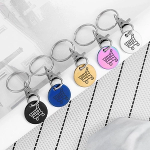 Detail of stainless steel trolley tokens in five metallic finishes with engraved icons