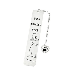 Cute stainless steel cat bookmark with heart pendant and You Pawsed Here engraving