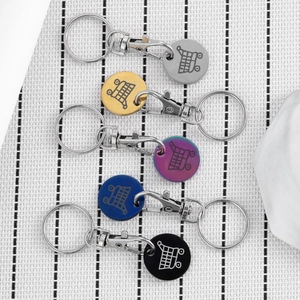 Set of 5 stainless steel shopping trolley token keyrings in gold, silver and black